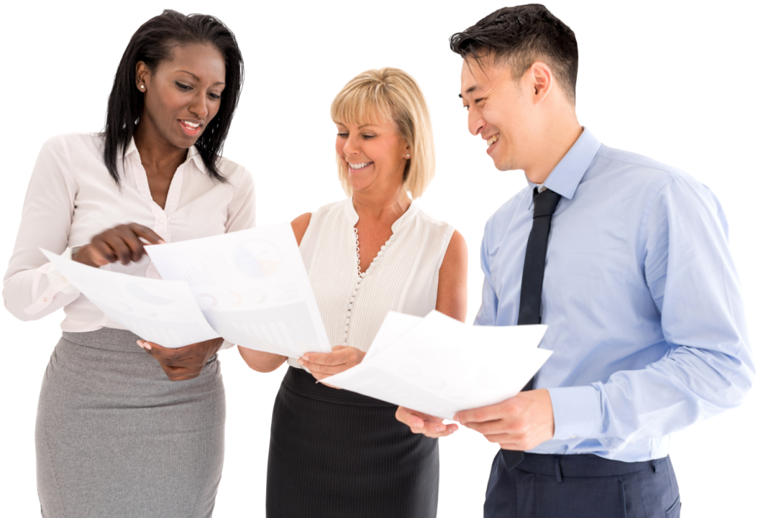 Three business people looking at papers